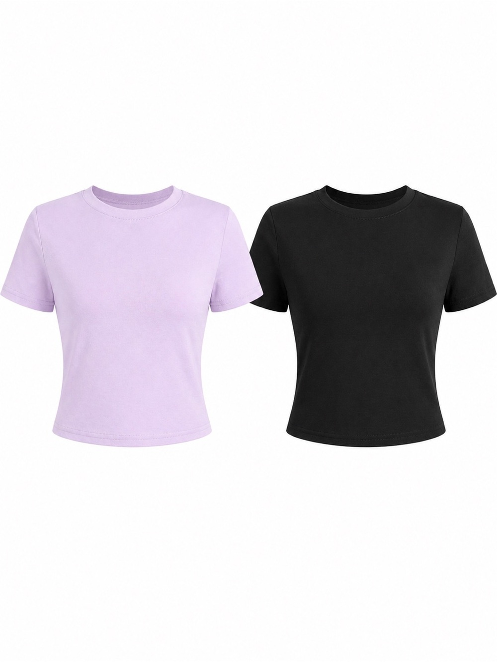 Sampeel Crop Tee Bundle M Lavender & Black Short Sleeve Crew Neck Cotton Tops